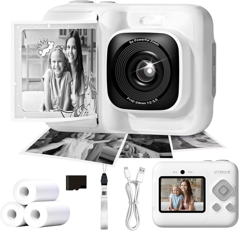 ETIKEZ Kids Camera, 1080P Instant Digital Print Camera for Kids, Christmas Birthday Gifts for 4 5 6 7 8 9 10 Year Old Girls Boys, Portable Toy with 32GB SD Card & 3 Rolls Printing Paper, White - Image 1